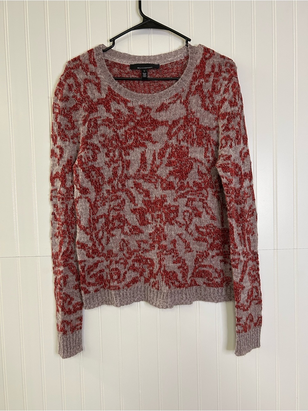 White House Black Market Taupe & Red Patterned Crewneck Sweater Size Large
